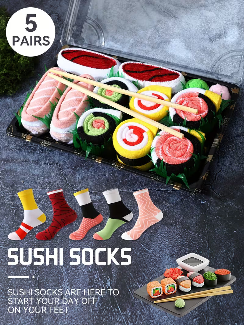 5 Pairs of Cute Outdoor Sushi Gift Box Mid-Calf Socks